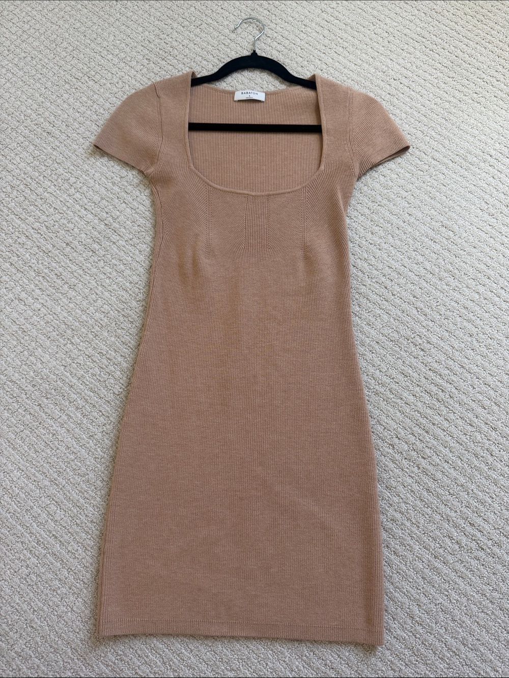 Aritzia Babaton Square-Neck Knit Dress in Camel